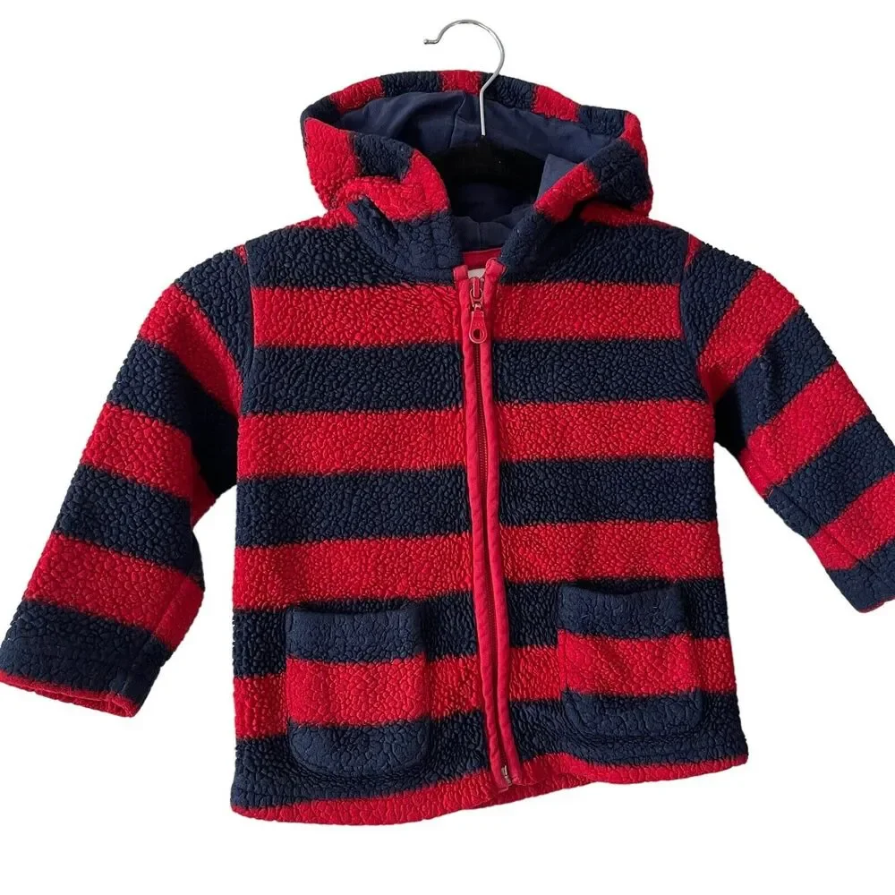 Hanna Andersson Baby 85 Size 2 Fleece Jacket Full Zip Hooded Striped Blue Red